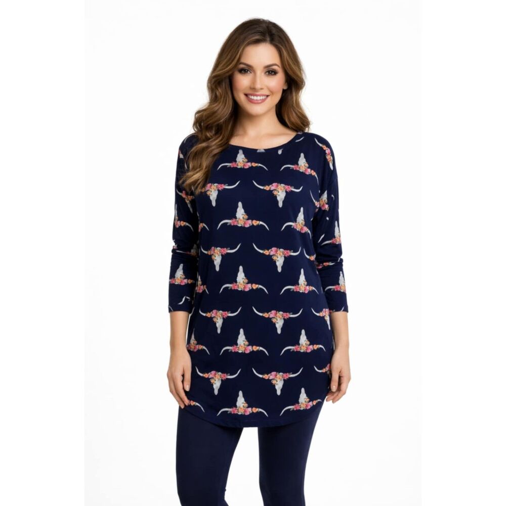 Floral Steer TUNIC SHIRT TOP Honey & Lace Navy Long Sleeve Women's  WOMAN'S Smal